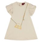 Younger Girls Beige Bag Logo Dress, 1, hi-res