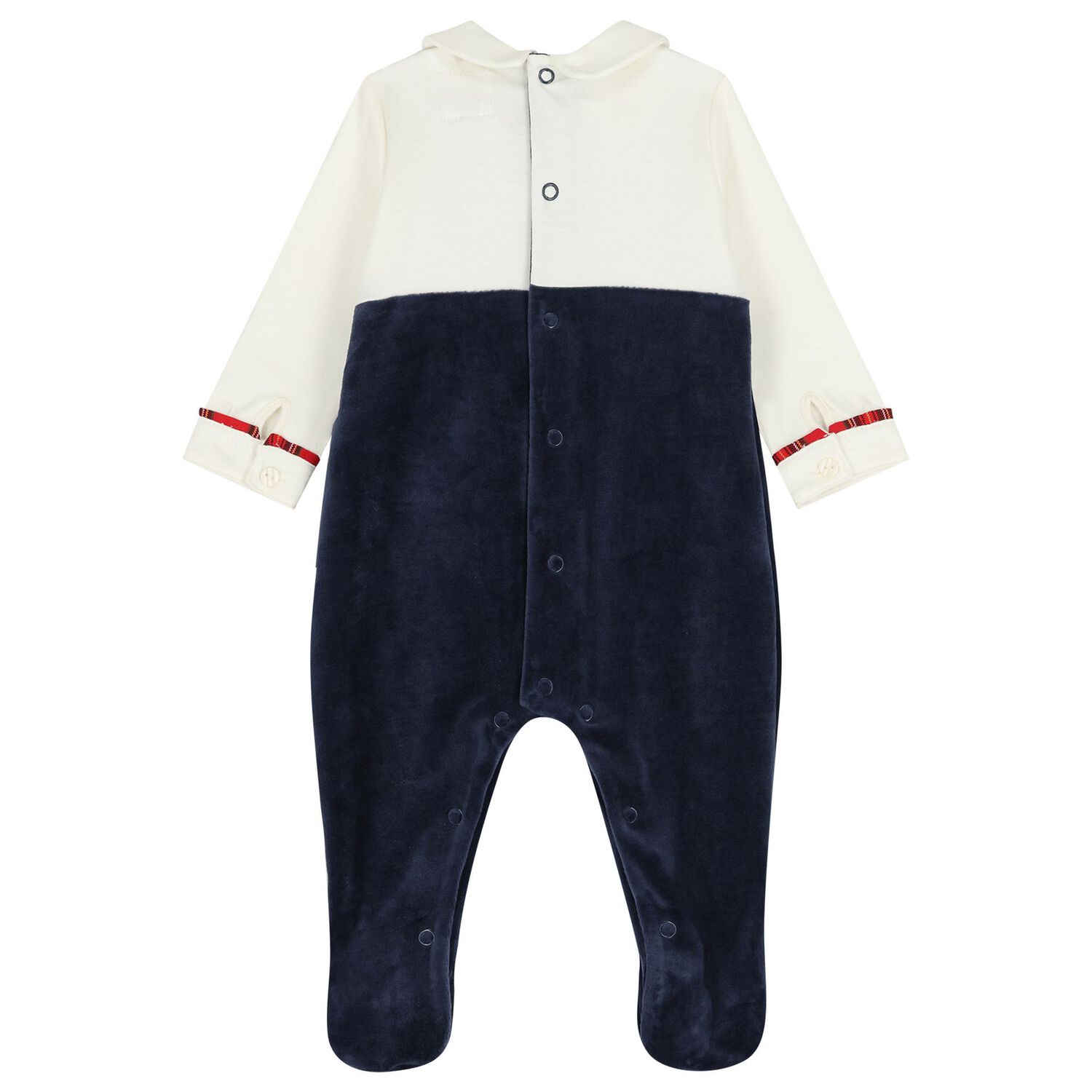 Baby Boys Ivory & Navy Blue Velour Babygrow, 1, hi-res