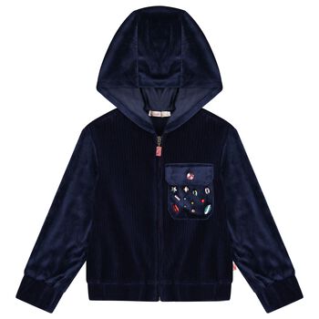 Girls Navy Blue Velvet Hooded Zip Up Top