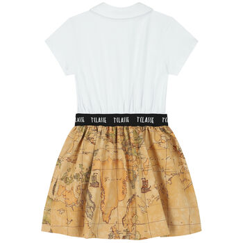 Girls White & Beige Geo Map Polo Dress