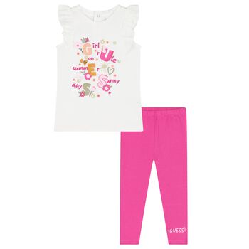 Younger Girls White & Pink Leggings Set