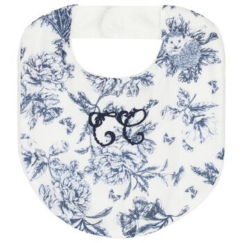 White & Navy Blue Toile De Jouy Baby Bib