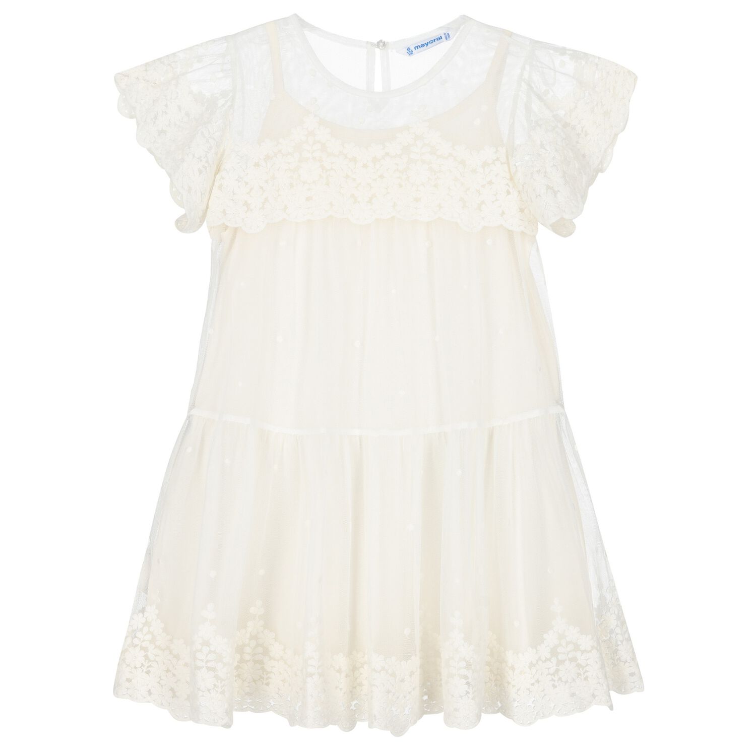 Girls Ivory Embroidered Tulle Dress, 1, hi-res