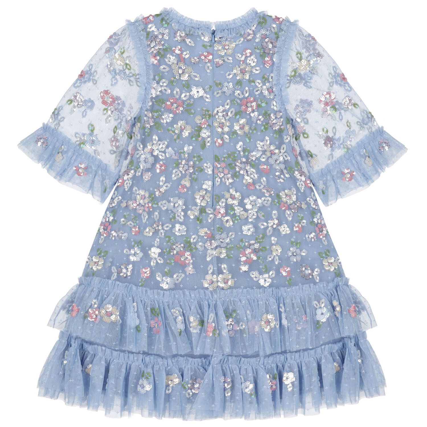 Girls Blue Floral Tulle & Sequin Dress, 1, hi-res image number null