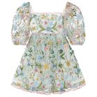 Girls White & Green Embroidered Tulle Dress, 1, hi-res