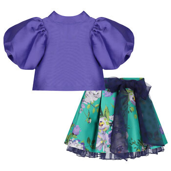 Girls Purple & Green Floral Skirt Set