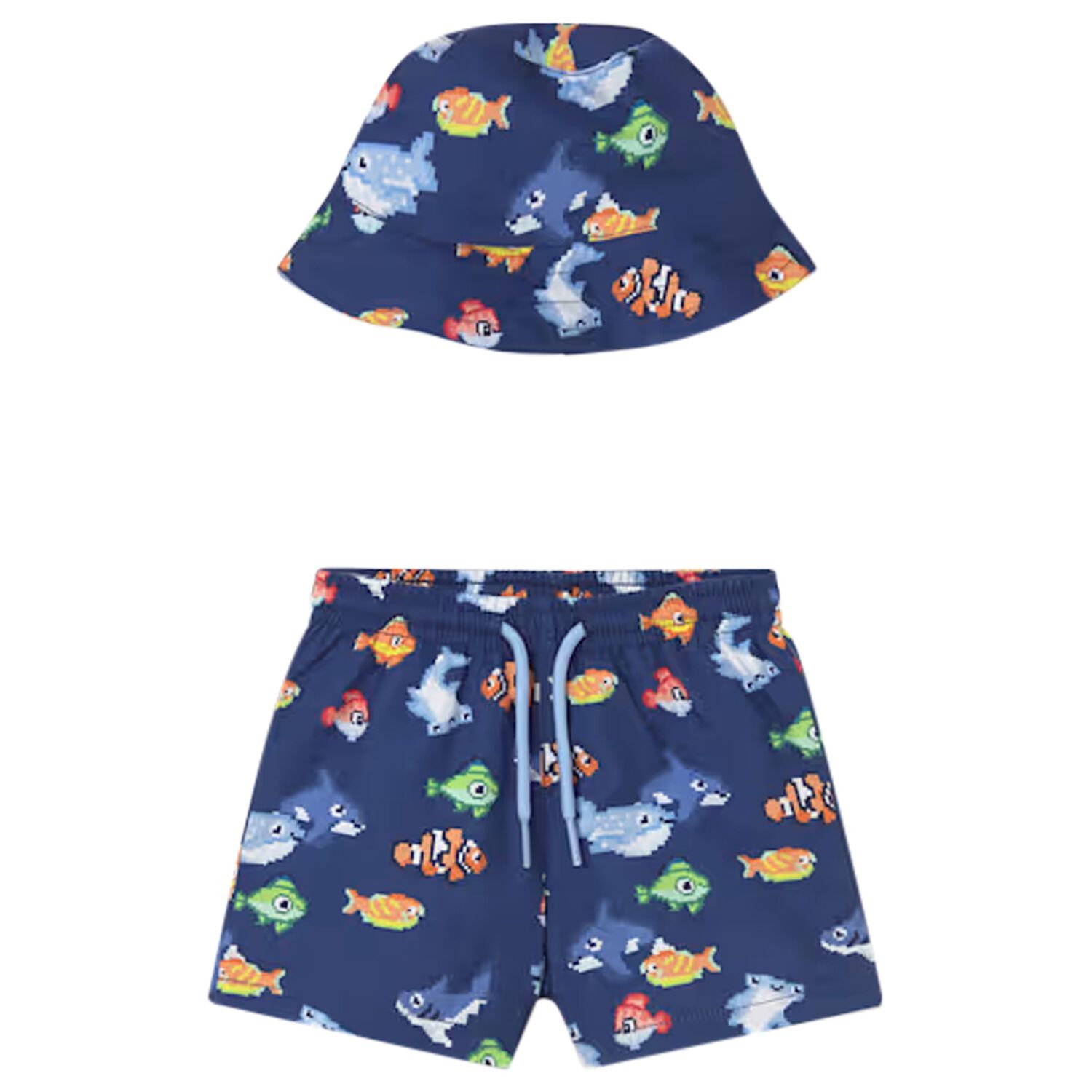 Younger Boys Blue Swim Shorts & Reversible Hat Set, 2, hi-res