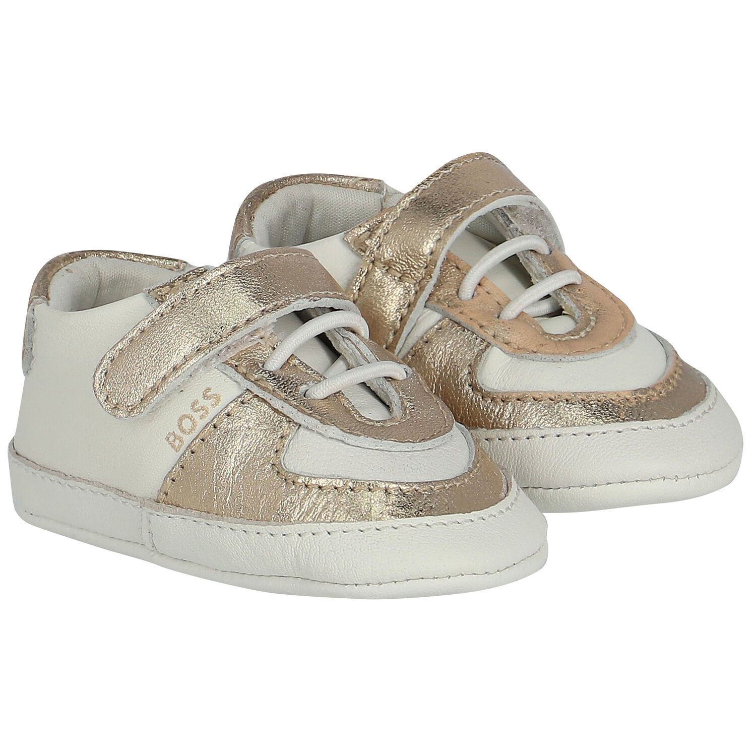 حذاء قبل المشي بالشعار باللون العاجي والذهبي, 1, hi-res