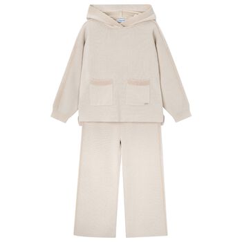 Mayoral Girls Beige Knitted Hooded Tracksuit, 2 Girls Beige Knitted Hooded Tracksuit