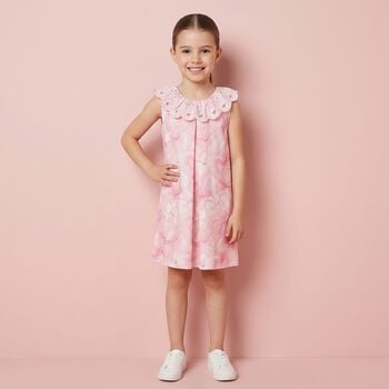 Girls Pink Bow Broderie Anglaise Dress