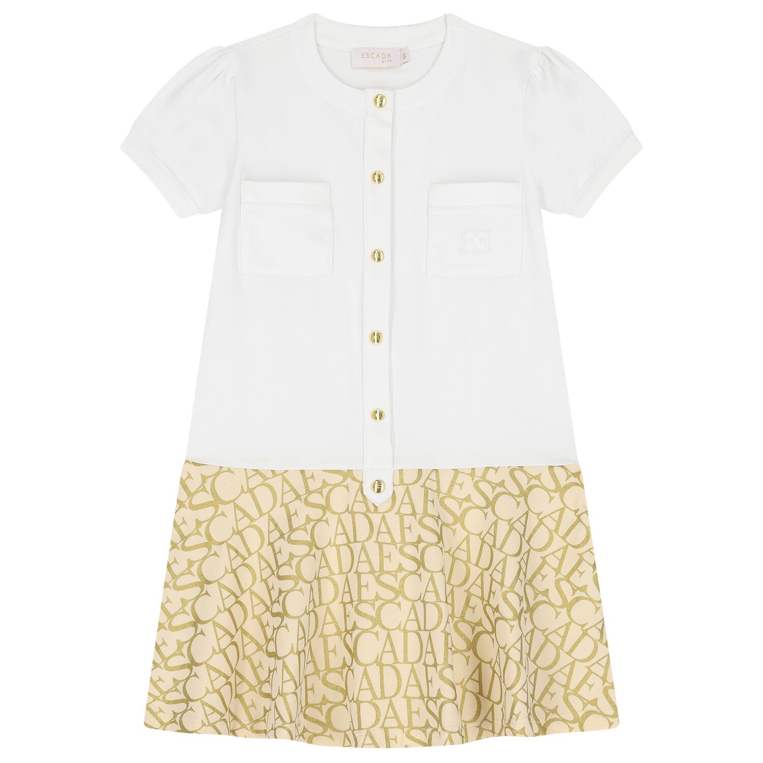 Girls White & Gold Logo Dress, 1, hi-res
