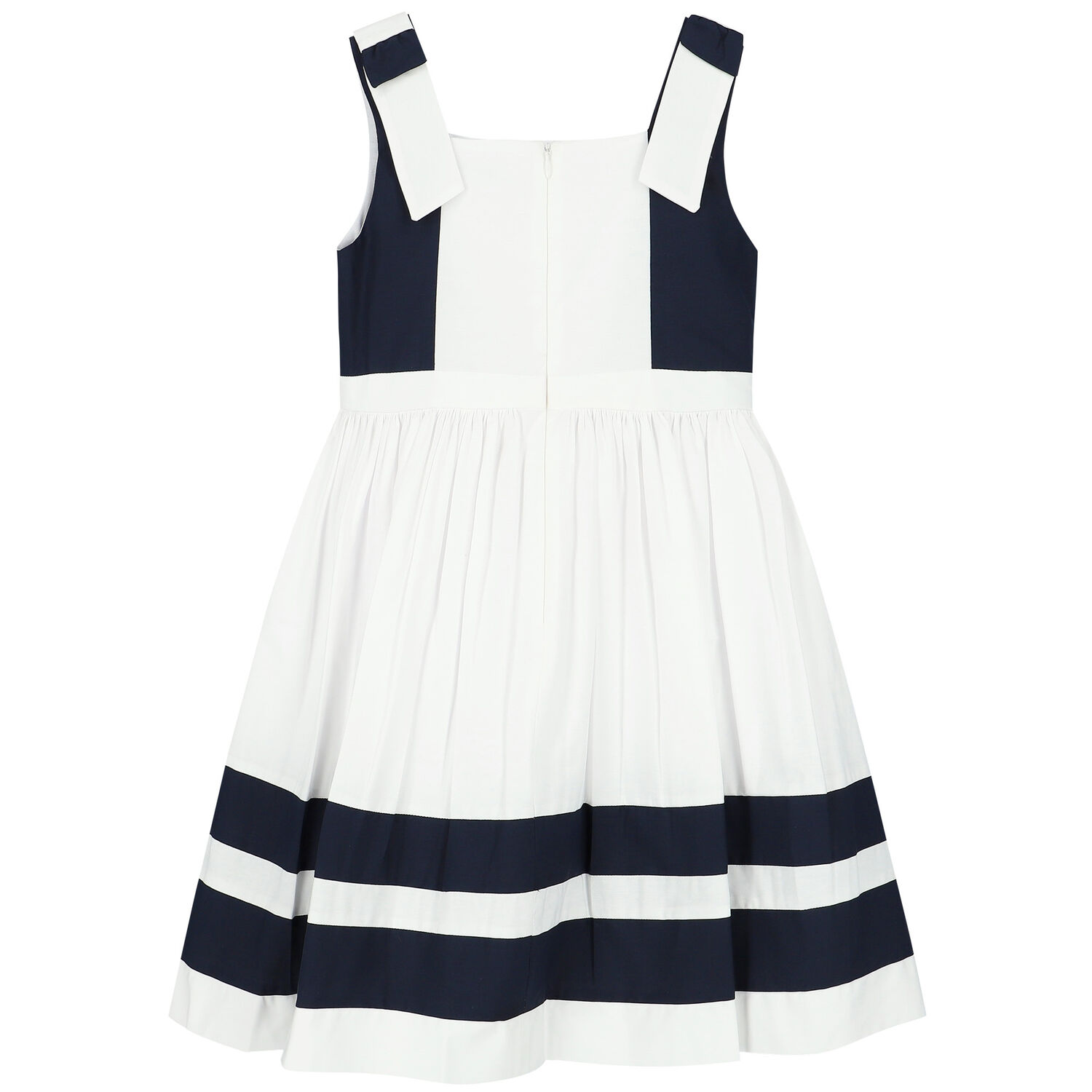 Girls White & Navy Blue Bow Dress, 1, hi-res