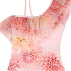 Girls Orange Floral Ruffle Swimsuit (UPF50+), 2, hi-res