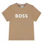 Younger Boys Mini Me Beige Logo T-Shirt, 9, hi-res