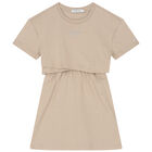 Girls Beige Logo Dress, 1, hi-res