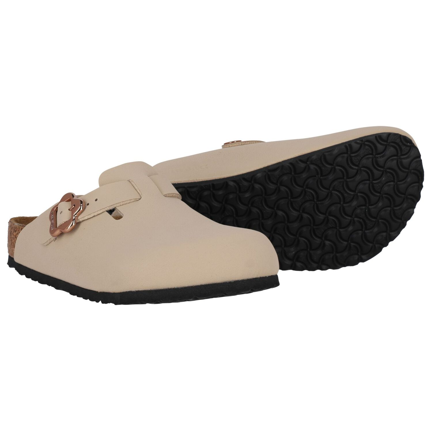 Girls Beige Flower Buckle Leather Clog, 1, hi-res