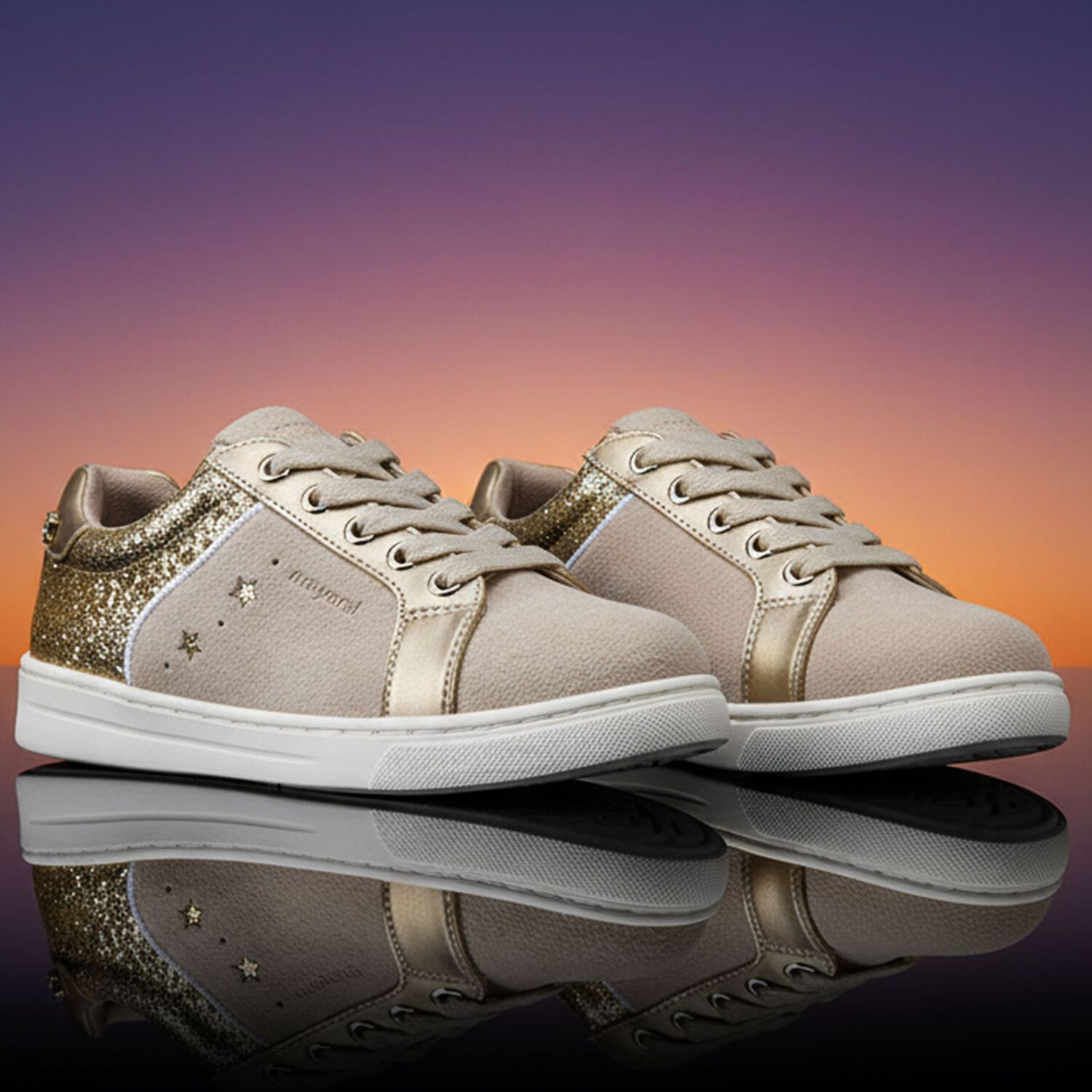 Girls Gold & Beige Star Trainers, 1, hi-res