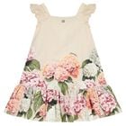 Girls Beige Floral Striped Dress, 1, hi-res