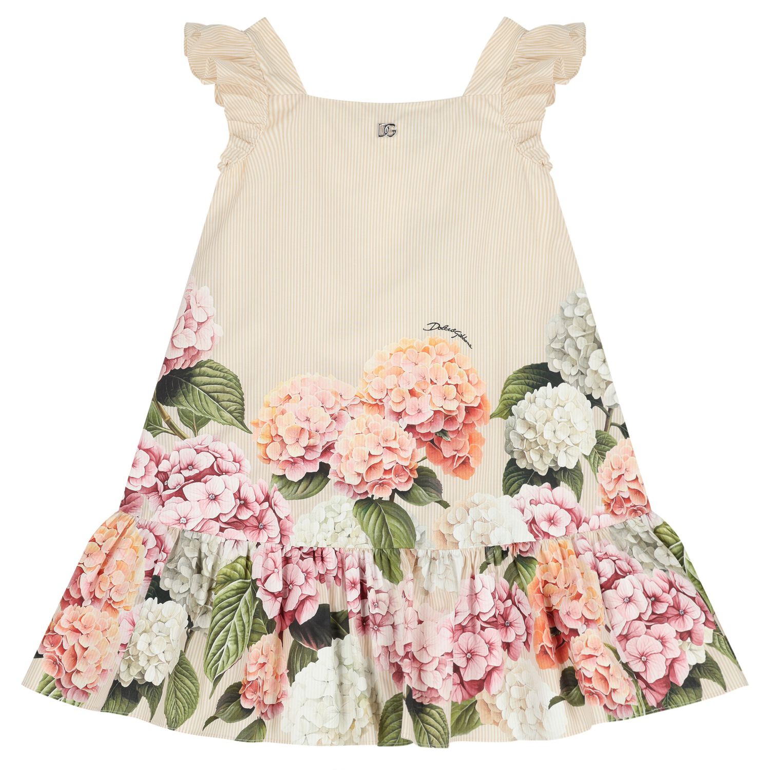 Girls Beige Floral Striped Dress, 1, hi-res