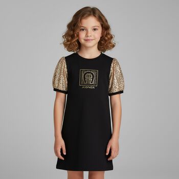 Girls Black & Gold Logo Dress