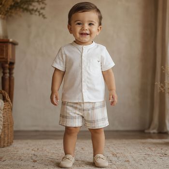 Younger Boys Ivory & Beige Shorts Set