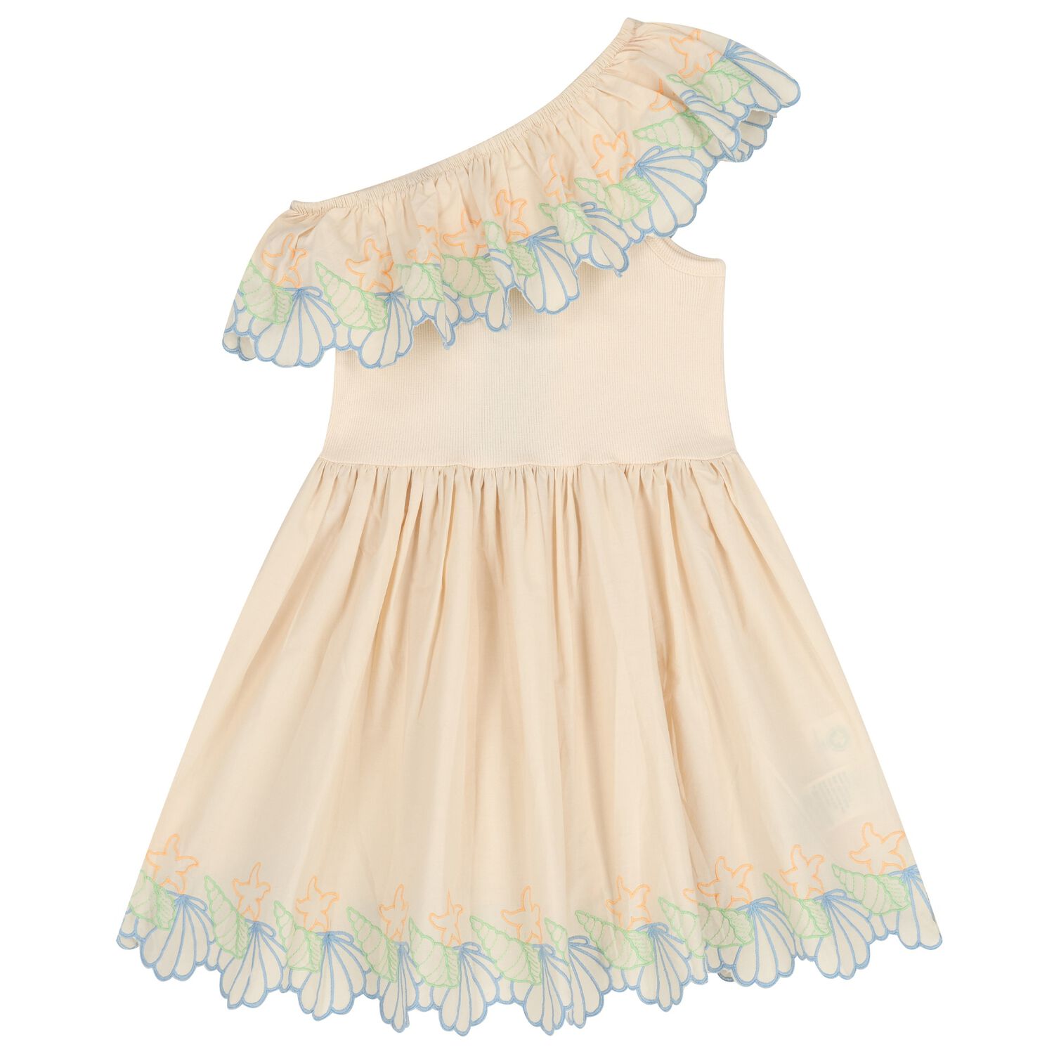 Girls Beige Shell Ruffle Dress, 1, hi-res