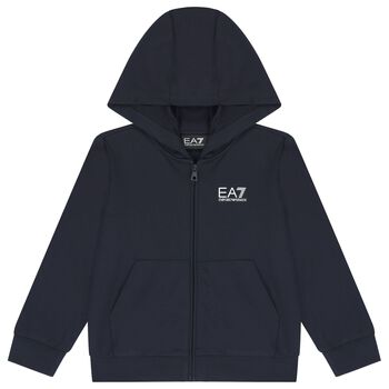 Boys Navy Blue Logo Hooded Zip Up Top