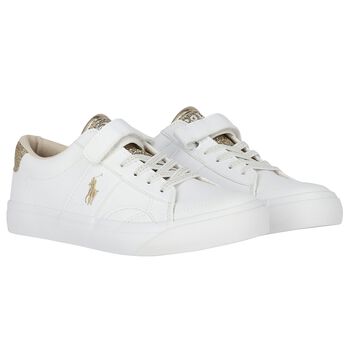 Girls White & Gold Logo Trainers