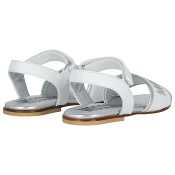 Girls White & Silver Leather Logo Sandals 