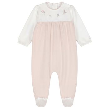 بدلة للبنات مزينة بنقوش زهور باللون الأبيض والبيج