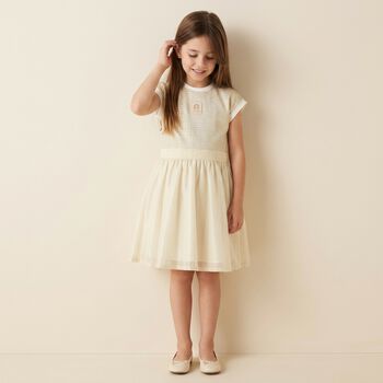 Girls Ivory & Gold Logo Dress