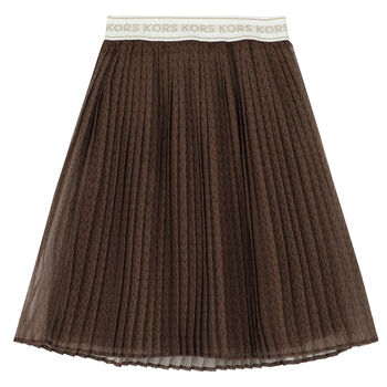 Girls Brown Pleated Logo Skirt