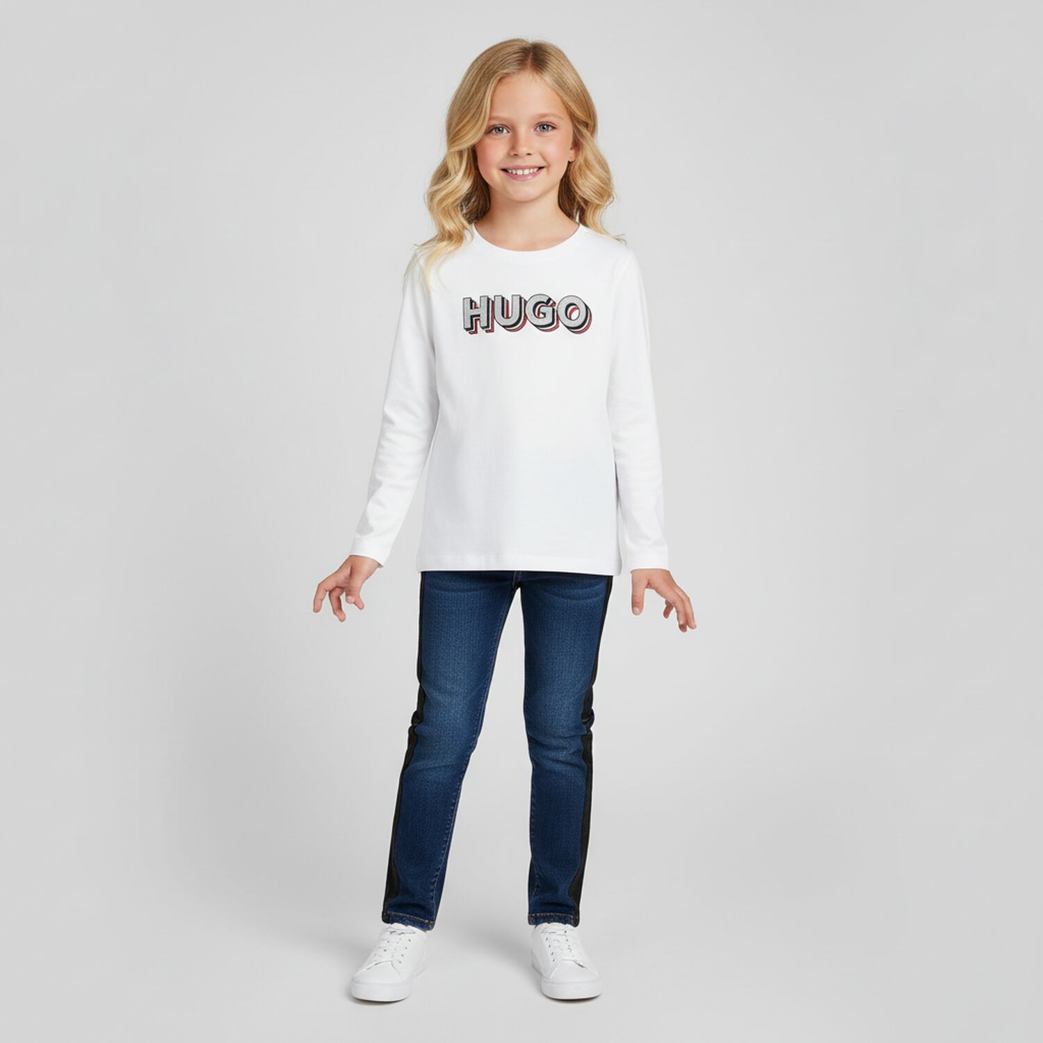 Girls White Logo Long Sleeve Top, 1, hi-res