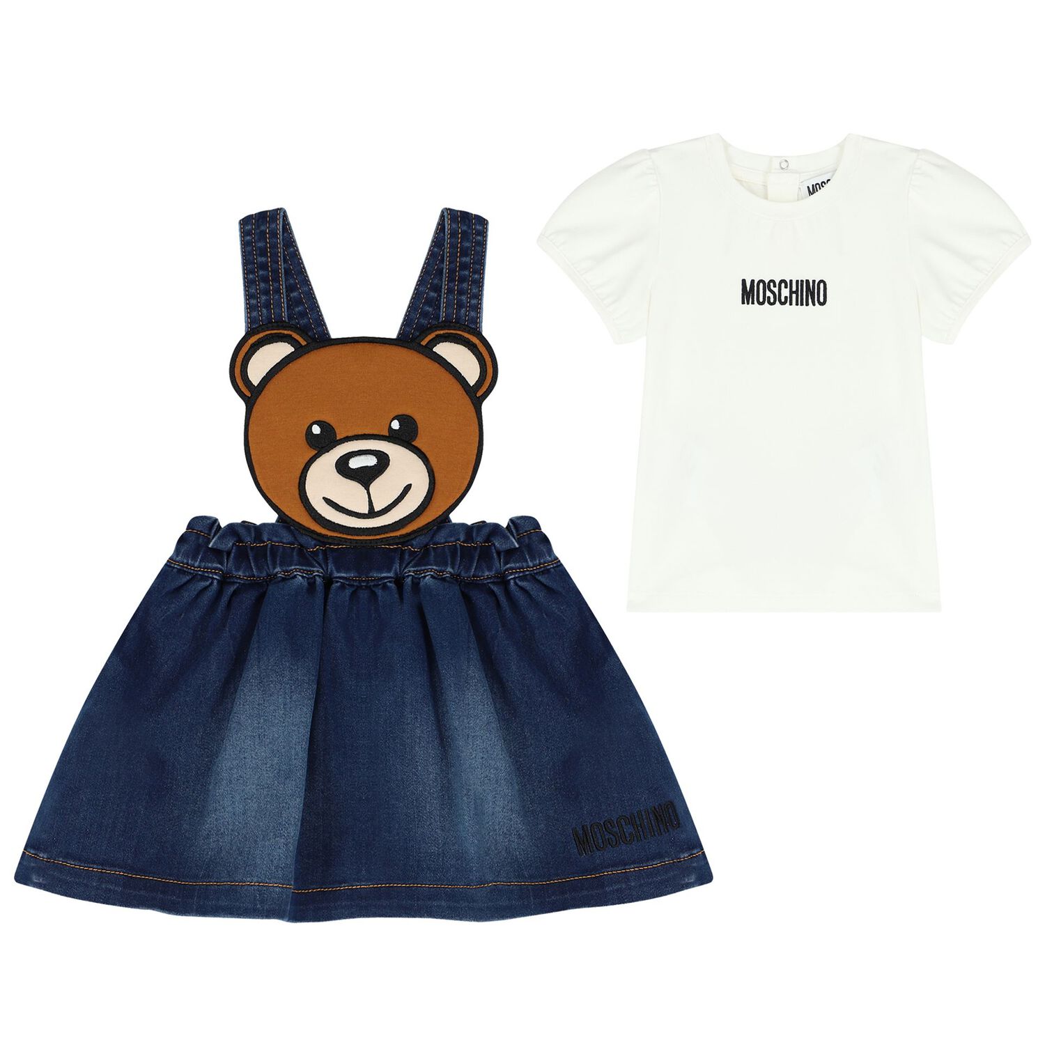 Younger Girls White & Blue Teddy Bear Skirt Set, 1, hi-res