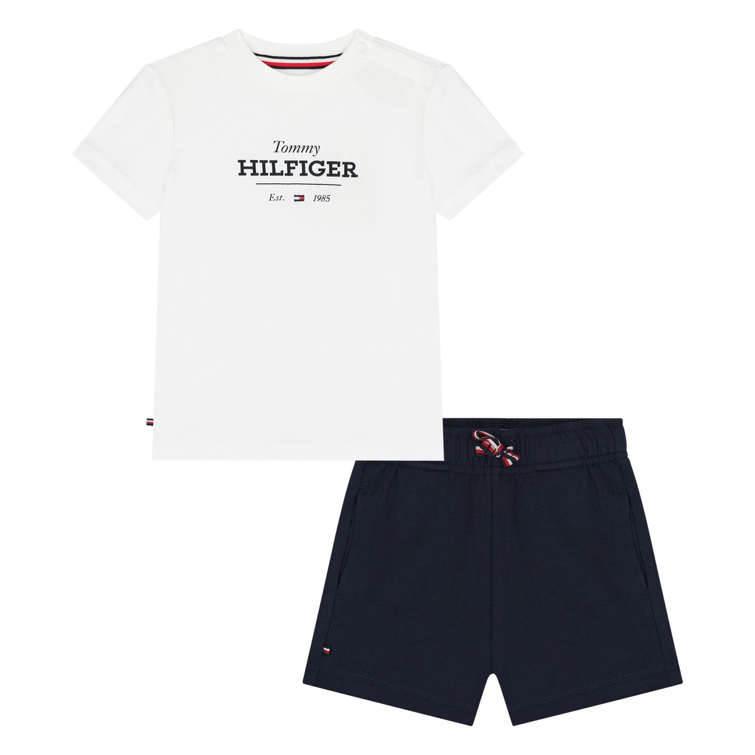 Younger Boys White & Navy Cotton Shorts Set, 1, hi-res