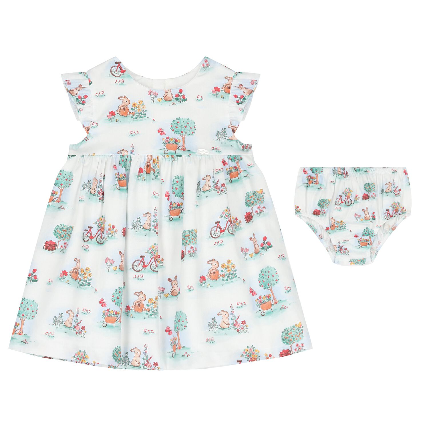 Baby Girls White & Green Rabbit Dress Set, 1, hi-res