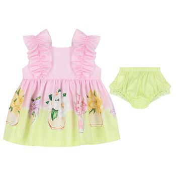Baby Gilrs Pink & Green Ruffled Floral Dress Set