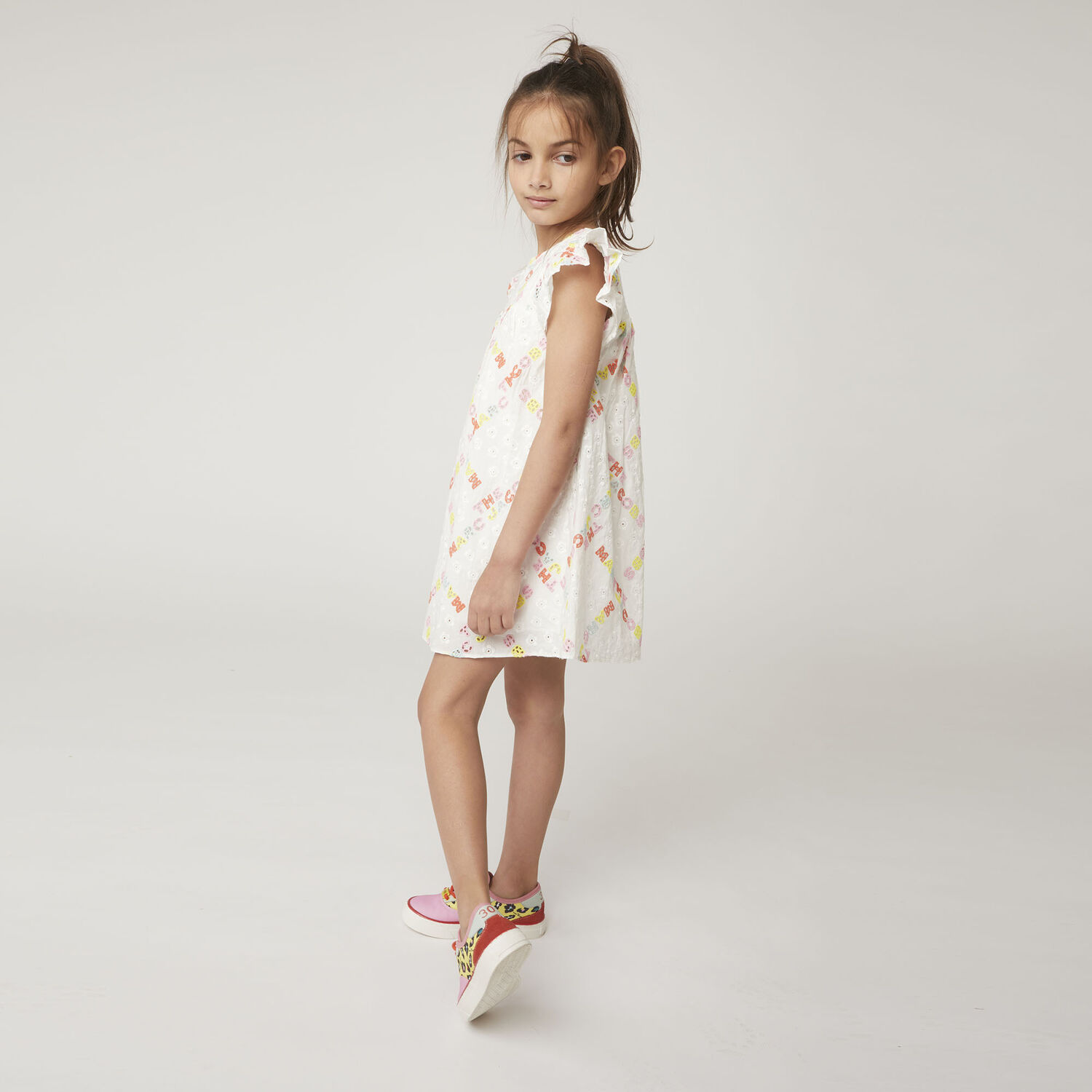 Girls White Logo Broderie Anglaise Dress, 1, hi-res image number null