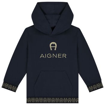Boys Navy Logo Hooded Top