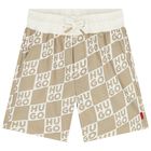 Boys Beige & White Check Logo Swim Shorts, 1, hi-res