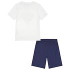 Boys White & Navy Blue Logo Shorts, 2, hi-res