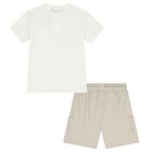 Boys Ivory & Beige Shorts Set, 1, hi-res