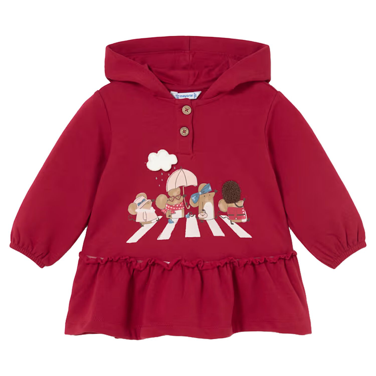 Younger Girls Red Mouse Hooded Dress, 1, hi-res