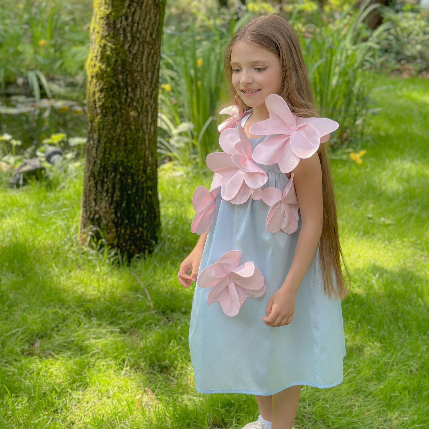 Girls Blue & Pink Flower Dress, 1, hi-res image number null