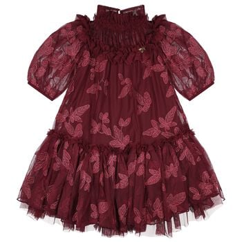 Girls Burgundy Leaf Embroidery Tulle Myrtisa Dress