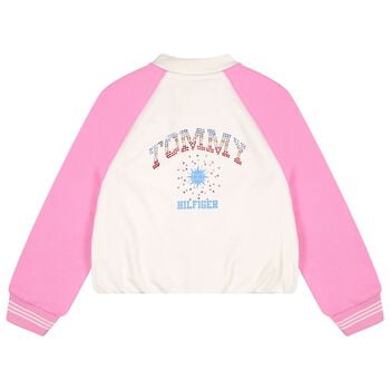 Girls Ivory & Pink Embellished Logo Bomber Jacket