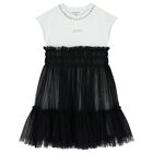 Girls White & Black Diamante Tulle Dress, 1, hi-res
