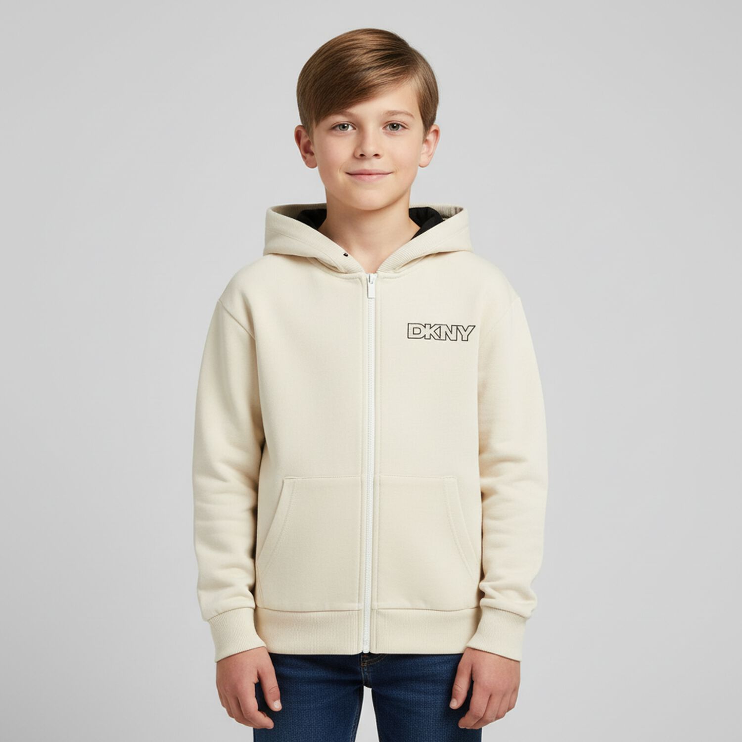 Ivory Logo Hooded Zip Up Top, 1, hi-res