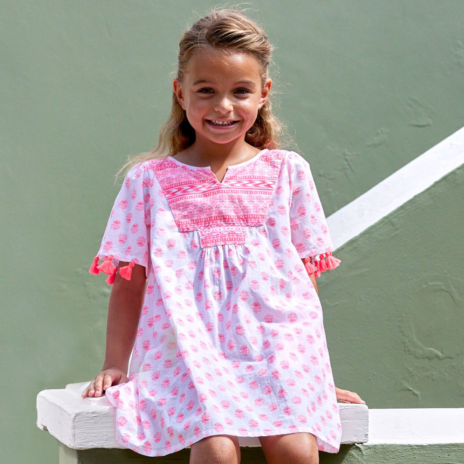 Girls Pink & White Cotton Beach Dress, 1, hi-res