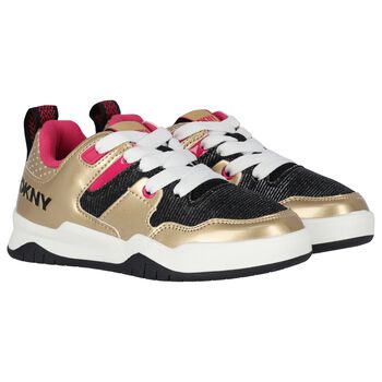 Girls Gold, Pink & Black Logo Trainers